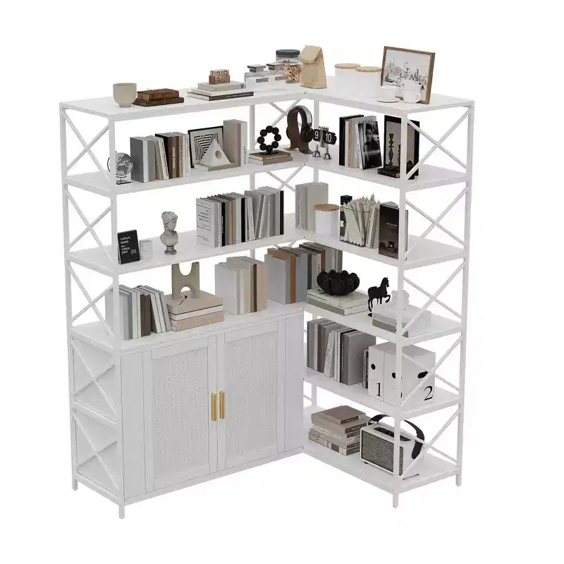 Corner Bookshelf,Adjustable L-Shaped Book Shelf with 2 Rattan Doors, 6-Shelf Vintage Bookcase for Corner,Open Storage Cabinet for Living Room Bedroom