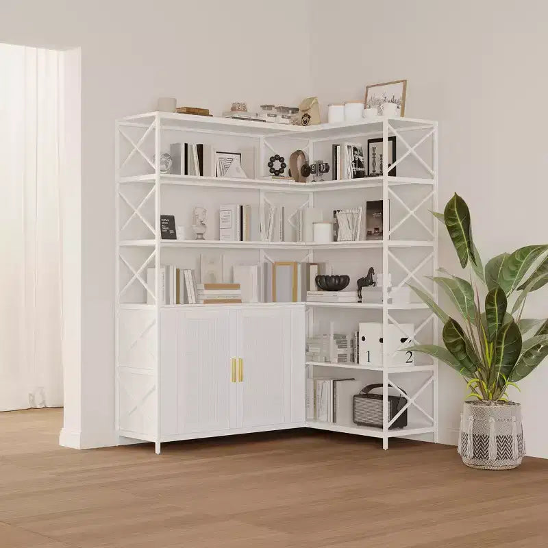 Corner Bookshelf,Adjustable L-Shaped Book Shelf with 2 Rattan Doors, 6-Shelf Vintage Bookcase for Corner,Open Storage Cabinet for Living Room Bedroom