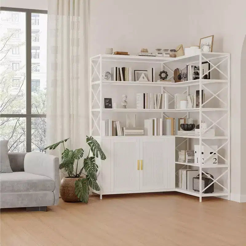 Corner Bookshelf,Adjustable L-Shaped Book Shelf with 2 Rattan Doors, 6-Shelf Vintage Bookcase for Corner,Open Storage Cabinet for Living Room Bedroom