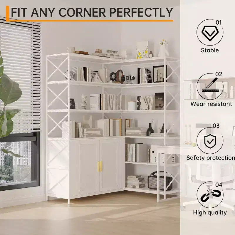Corner Bookshelf,Adjustable L-Shaped Book Shelf with 2 Rattan Doors, 6-Shelf Vintage Bookcase for Corner,Open Storage Cabinet for Living Room Bedroom