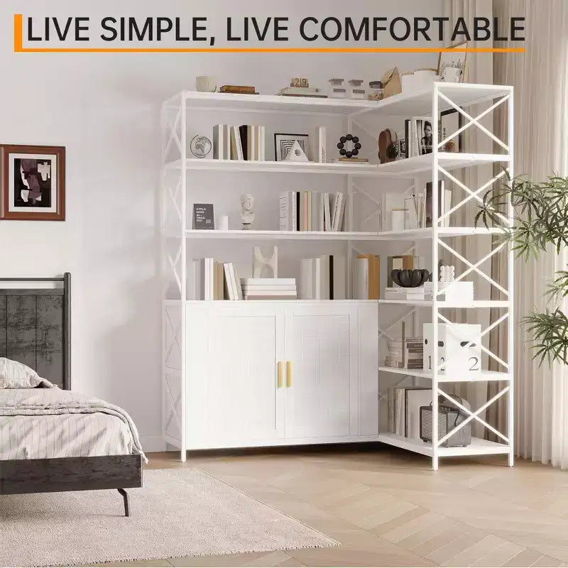 Corner Bookshelf,Adjustable L-Shaped Book Shelf with 2 Rattan Doors, 6-Shelf Vintage Bookcase for Corner,Open Storage Cabinet for Living Room Bedroom