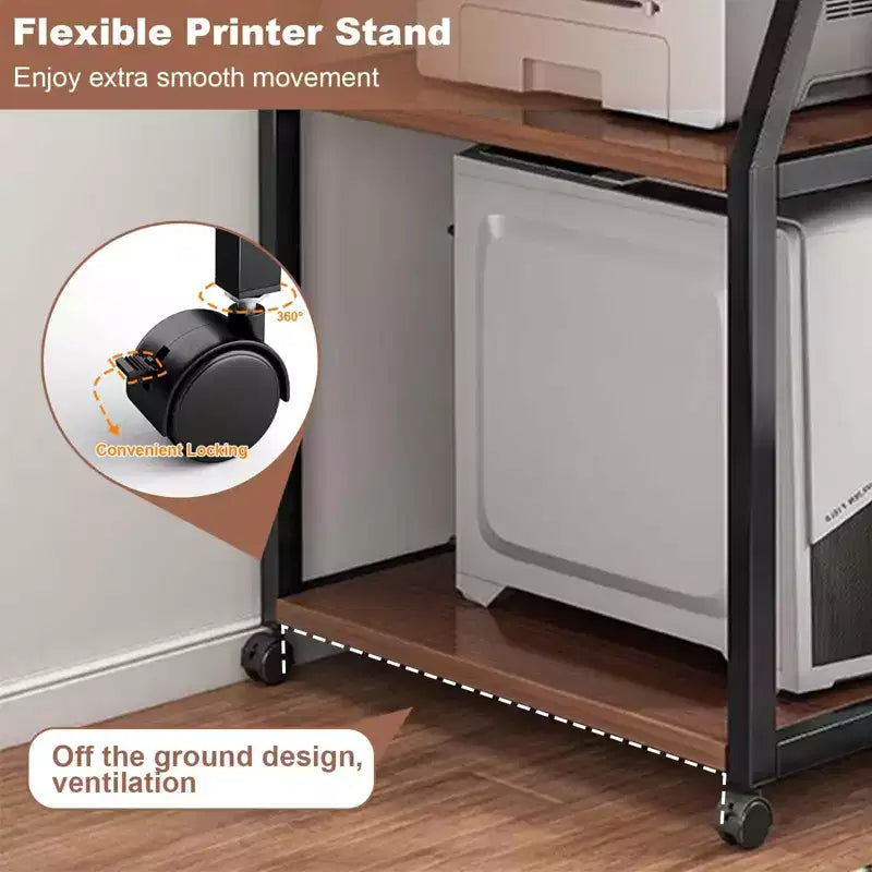 3 Tier Printer Cart With Wheels and Storage Shelf,Printer Stand , Multifunctional Mobile Storage Table, Computer Tower Stand For Home Office