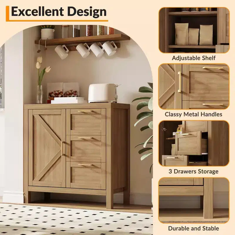 3 Drawers and 1 Door,Farmhouse Buffet Sideboard, Coffee Bar Cabinet with Adjustable Shelf,