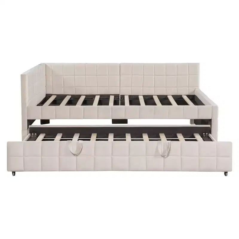 Full Size L Shaped Platform Bed with Pop Up Trundle, Wood Upholstered Corner Bed Frame with USB ports