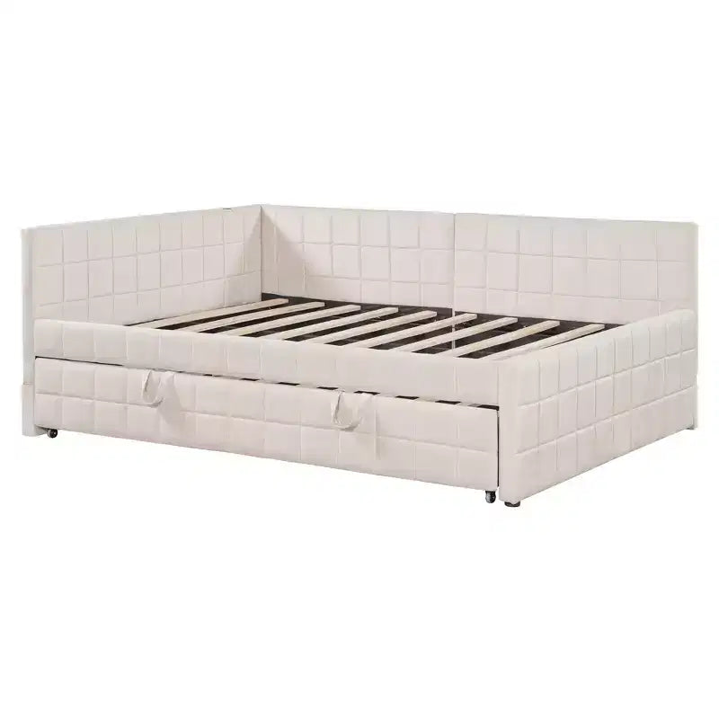 Full Size L Shaped Platform Bed with Pop Up Trundle, Wood Upholstered Corner Bed Frame with USB ports