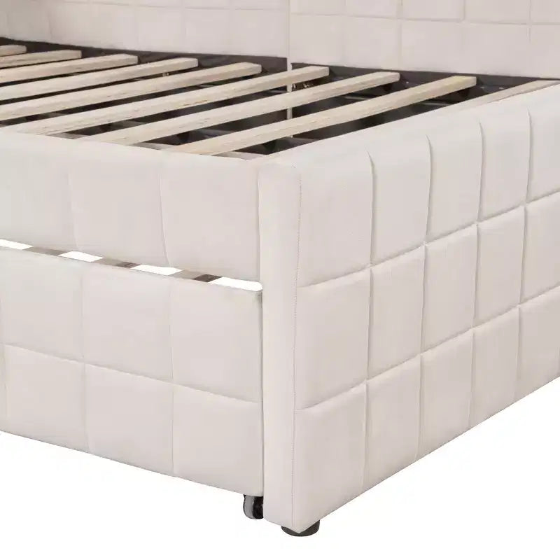 Full Size L Shaped Platform Bed with Pop Up Trundle, Wood Upholstered Corner Bed Frame with USB ports