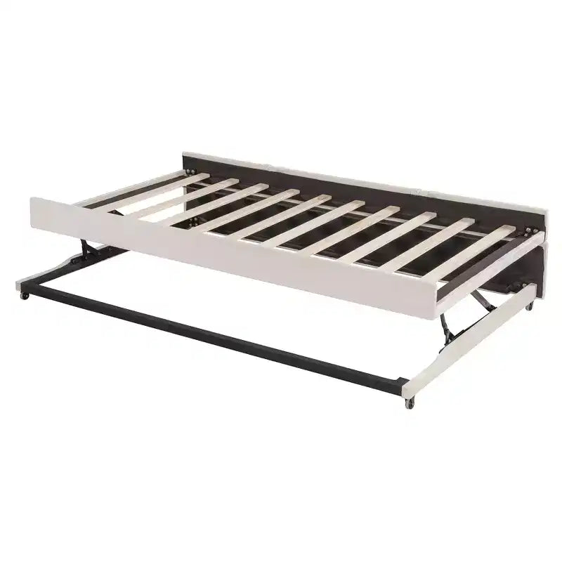 Full Size L Shaped Platform Bed with Pop Up Trundle, Wood Upholstered Corner Bed Frame with USB ports