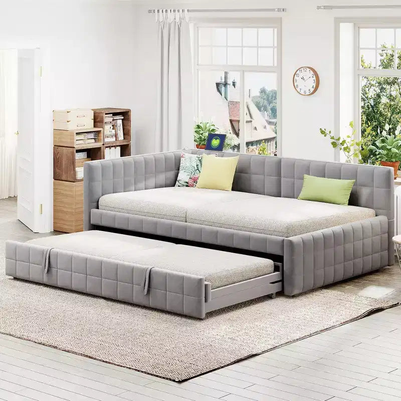 Full Size L Shaped Platform Bed with Pop Up Trundle, Wood Upholstered Corner Bed Frame with USB ports