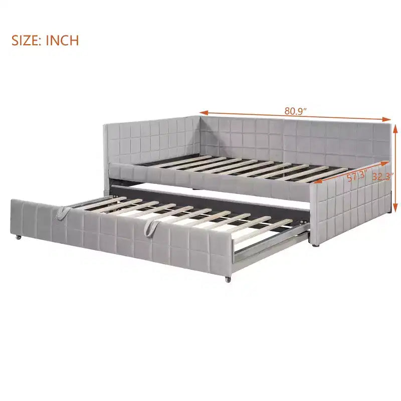 Full Size L Shaped Platform Bed with Pop Up Trundle, Wood Upholstered Corner Bed Frame with USB ports