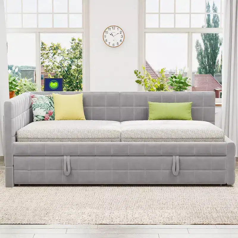 Full Size L Shaped Platform Bed with Pop Up Trundle, Wood Upholstered Corner Bed Frame with USB ports