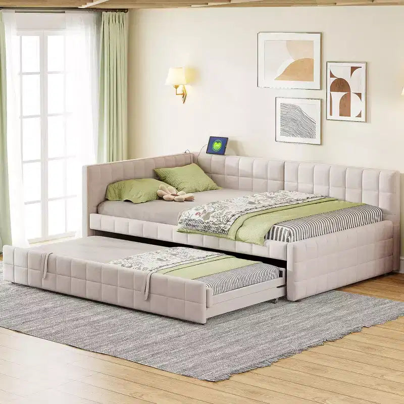 Full Size L Shaped Platform Bed with Pop Up Trundle, Wood Upholstered Corner Bed Frame with USB ports