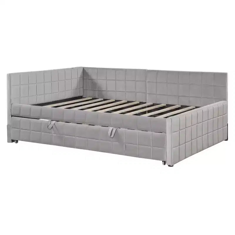 Full Size L Shaped Platform Bed with Pop Up Trundle, Wood Upholstered Corner Bed Frame with USB ports