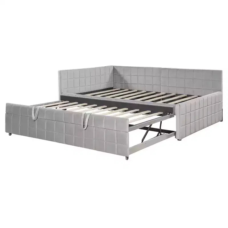 Full Size L Shaped Platform Bed with Pop Up Trundle, Wood Upholstered Corner Bed Frame with USB ports
