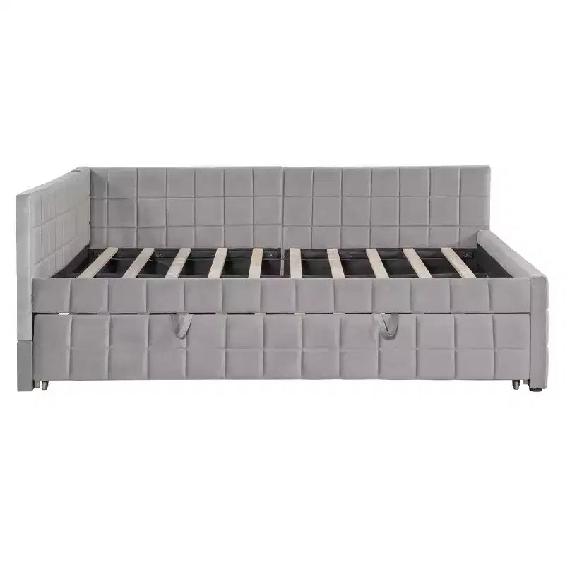 Full Size L Shaped Platform Bed with Pop Up Trundle, Wood Upholstered Corner Bed Frame with USB ports