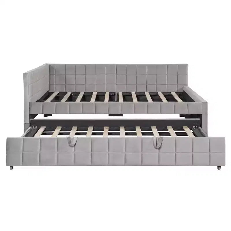 Full Size L Shaped Platform Bed with Pop Up Trundle, Wood Upholstered Corner Bed Frame with USB ports