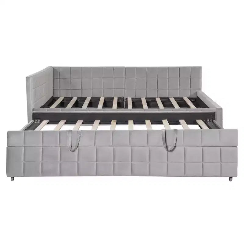 Full Size L Shaped Platform Bed with Pop Up Trundle, Wood Upholstered Corner Bed Frame with USB ports