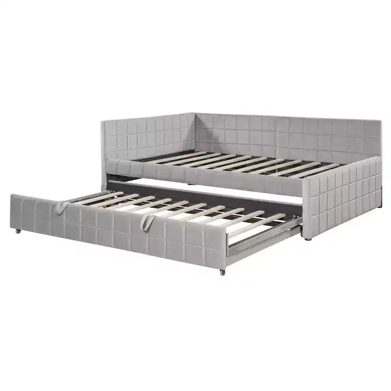 Full Size L Shaped Platform Bed with Pop Up Trundle, Wood Upholstered Corner Bed Frame with USB ports