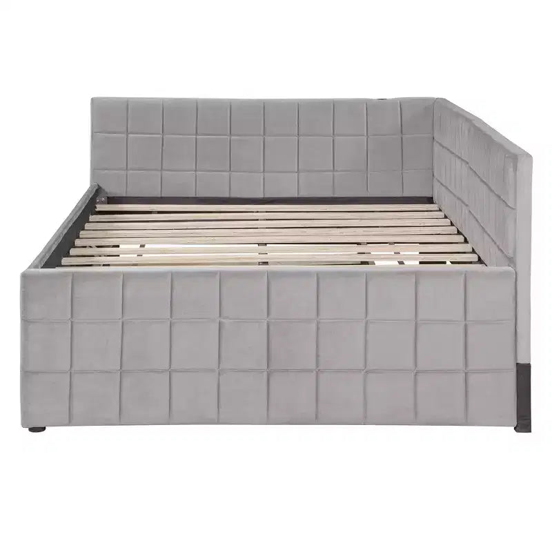 Full Size L Shaped Platform Bed with Pop Up Trundle, Wood Upholstered Corner Bed Frame with USB ports