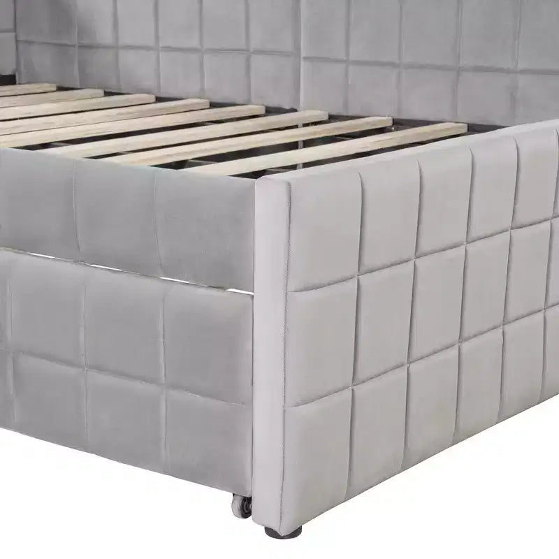 Full Size L Shaped Platform Bed with Pop Up Trundle, Wood Upholstered Corner Bed Frame with USB ports