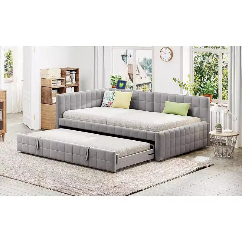 Full Size L Shaped Platform Bed with Pop Up Trundle, Wood Upholstered Corner Bed Frame with USB ports