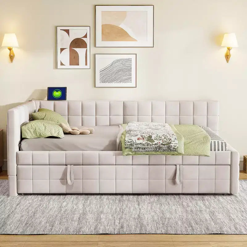 Full Size L Shaped Platform Bed with Pop Up Trundle, Wood Upholstered Corner Bed Frame with USB ports