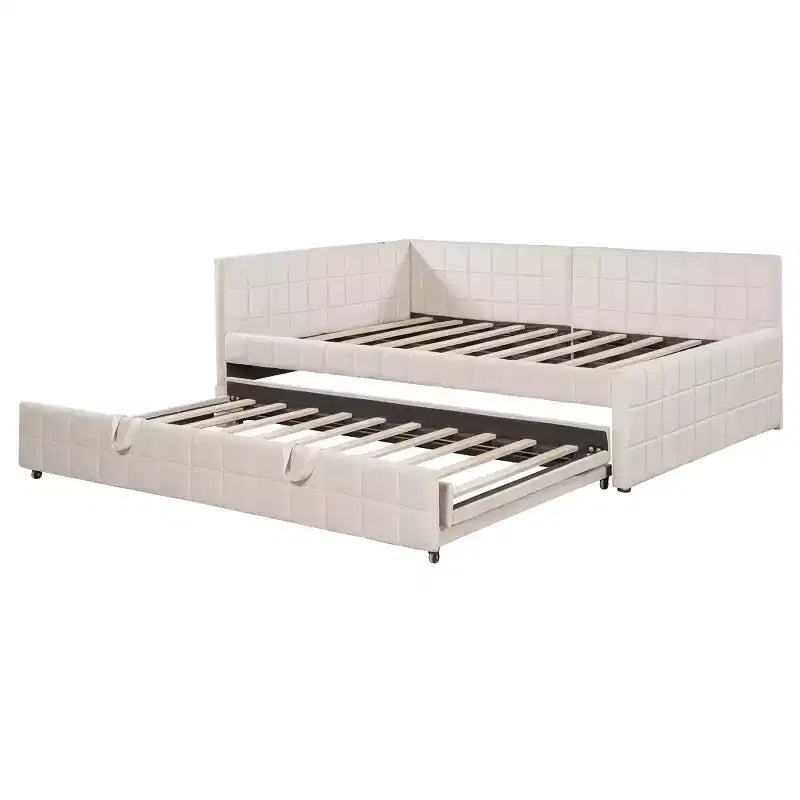 Full Size L Shaped Platform Bed with Pop Up Trundle, Wood Upholstered Corner Bed Frame with USB ports