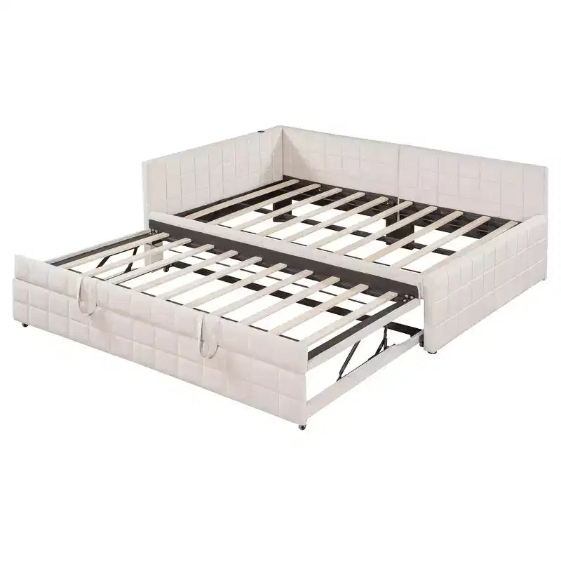 Full Size L Shaped Platform Bed with Pop Up Trundle, Wood Upholstered Corner Bed Frame with USB ports