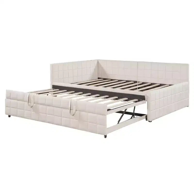 Full Size L Shaped Platform Bed with Pop Up Trundle, Wood Upholstered Corner Bed Frame with USB ports