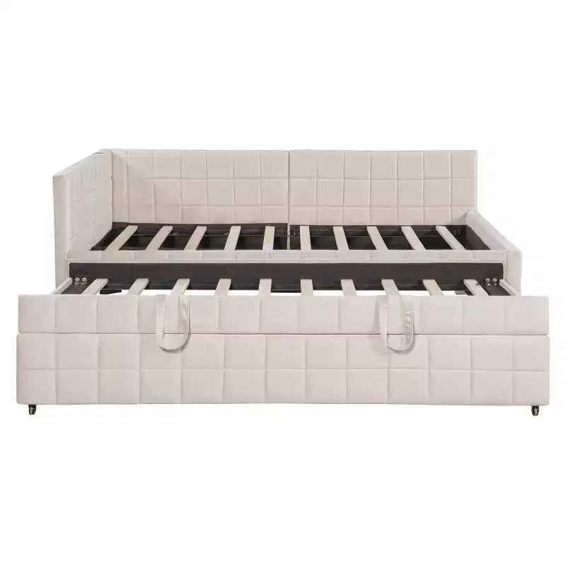 Full Size L Shaped Platform Bed with Pop Up Trundle, Wood Upholstered Corner Bed Frame with USB ports