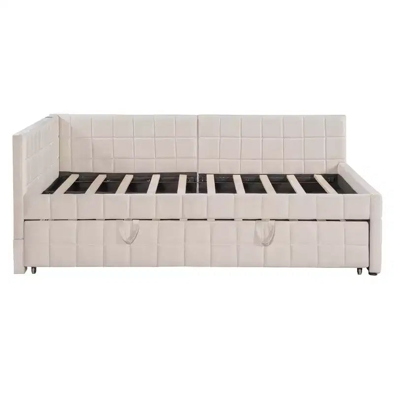 Full Size L Shaped Platform Bed with Pop Up Trundle, Wood Upholstered Corner Bed Frame with USB ports