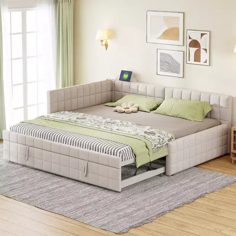 Full Size L Shaped Platform Bed with Pop Up Trundle, Wood Upholstered Corner Bed Frame with USB ports