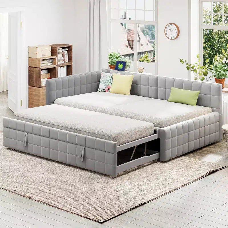 Full Size L Shaped Platform Bed with Pop Up Trundle, Wood Upholstered Corner Bed Frame with USB ports