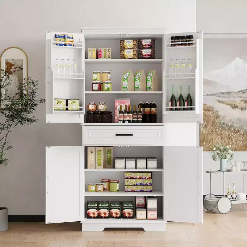 Tall Wooden Pantry Cabinet with a Drawer,White Kitchen Storage Cabinet, Adjustable Shelves,Door Shelves,Large Narrow Bathroom Cabinet for Dining Room
