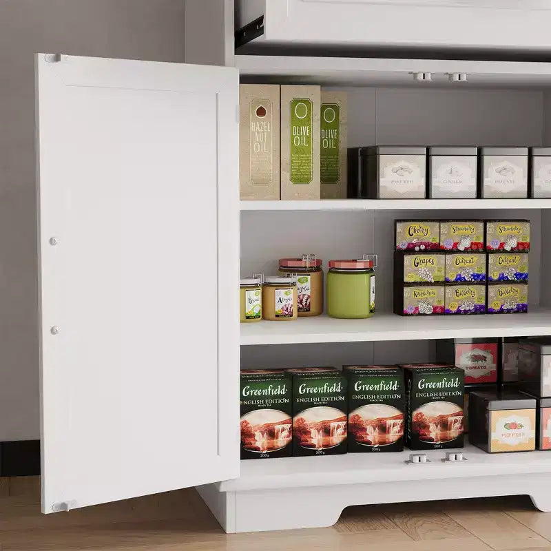 Tall Wooden Pantry Cabinet with a Drawer,White Kitchen Storage Cabinet, Adjustable Shelves,Door Shelves,Large Narrow Bathroom Cabinet for Dining Room
