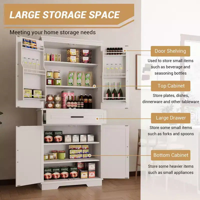 Tall Wooden Pantry Cabinet with a Drawer,White Kitchen Storage Cabinet, Adjustable Shelves,Door Shelves,Large Narrow Bathroom Cabinet for Dining Room