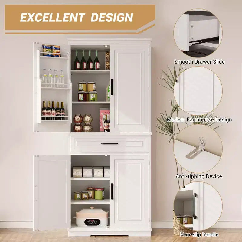 Tall Wooden Pantry Cabinet with a Drawer,White Kitchen Storage Cabinet, Adjustable Shelves,Door Shelves,Large Narrow Bathroom Cabinet for Dining Room
