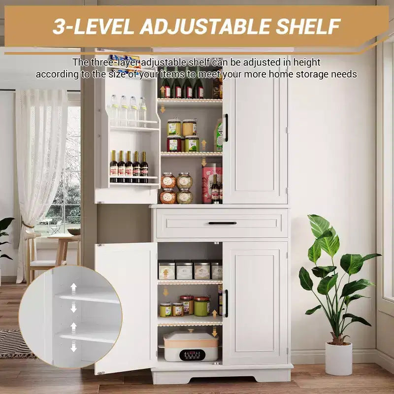 Tall Wooden Pantry Cabinet with a Drawer,White Kitchen Storage Cabinet, Adjustable Shelves,Door Shelves,Large Narrow Bathroom Cabinet for Dining Room