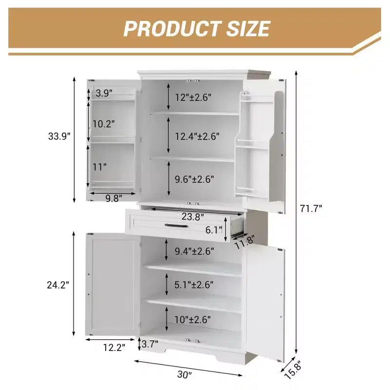 Tall Wooden Pantry Cabinet with a Drawer,White Kitchen Storage Cabinet, Adjustable Shelves,Door Shelves,Large Narrow Bathroom Cabinet for Dining Room