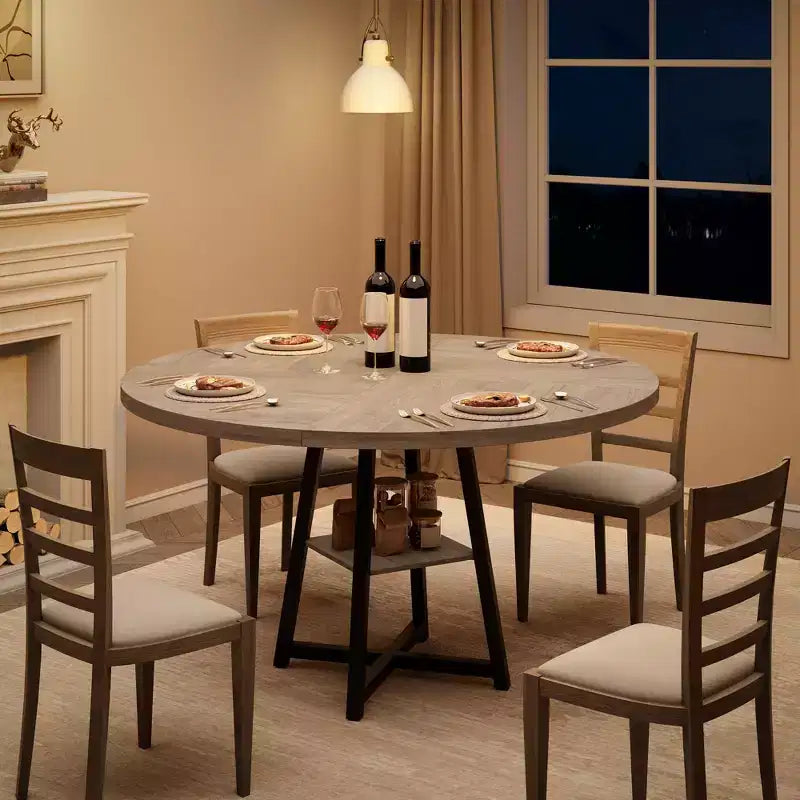 47 in Round Dining Table, Wooden Kitchen Table for 4, Farmhouse Dinner Table with Wooden Top and Legs for Dining Room or Living Room (Only Table)
