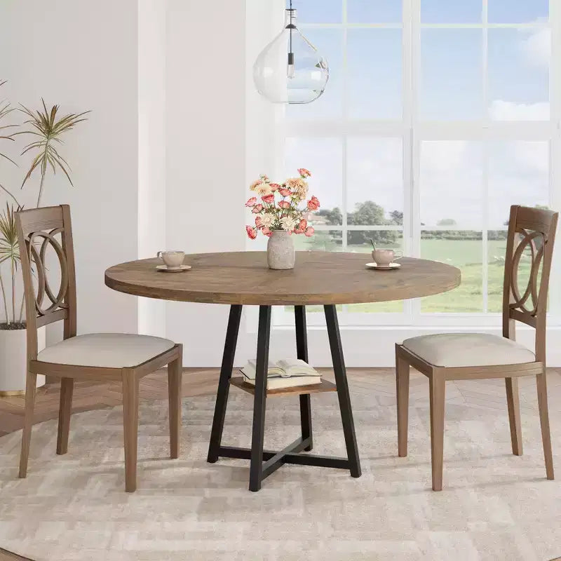 47 in Round Dining Table, Wooden Kitchen Table for 4, Farmhouse Dinner Table with Wooden Top and Legs for Dining Room or Living Room (Only Table)
