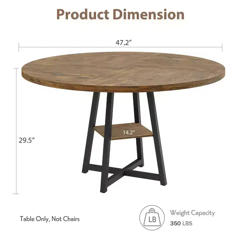 47 in Round Dining Table, Wooden Kitchen Table for 4, Farmhouse Dinner Table with Wooden Top and Legs for Dining Room or Living Room (Only Table)