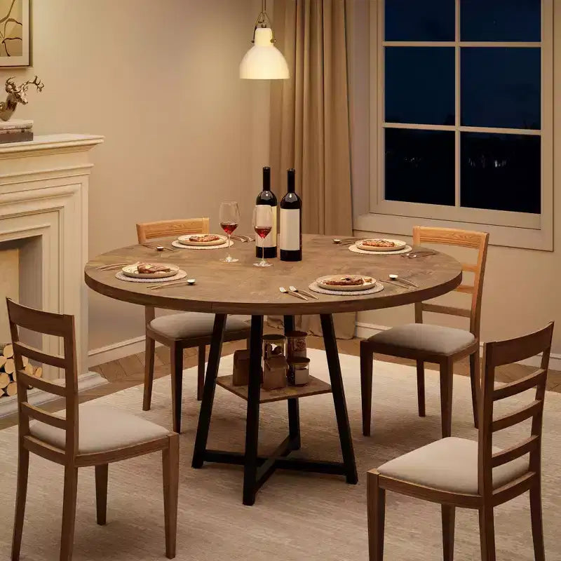 47 in Round Dining Table, Wooden Kitchen Table for 4, Farmhouse Dinner Table with Wooden Top and Legs for Dining Room or Living Room (Only Table)