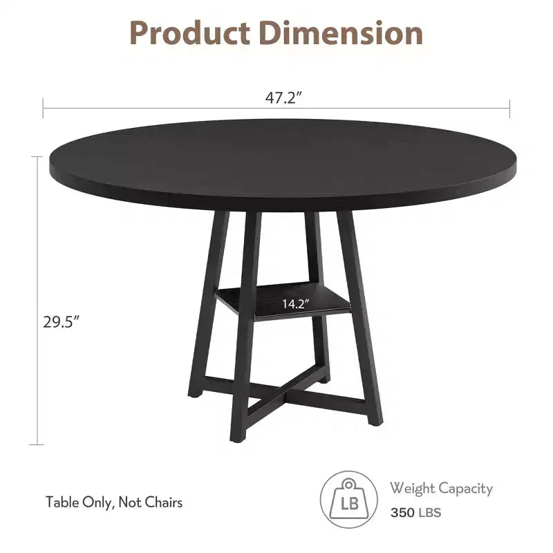 47 in Round Dining Table, Wooden Kitchen Table for 4, Farmhouse Dinner Table with Wooden Top and Legs for Dining Room or Living Room (Only Table)