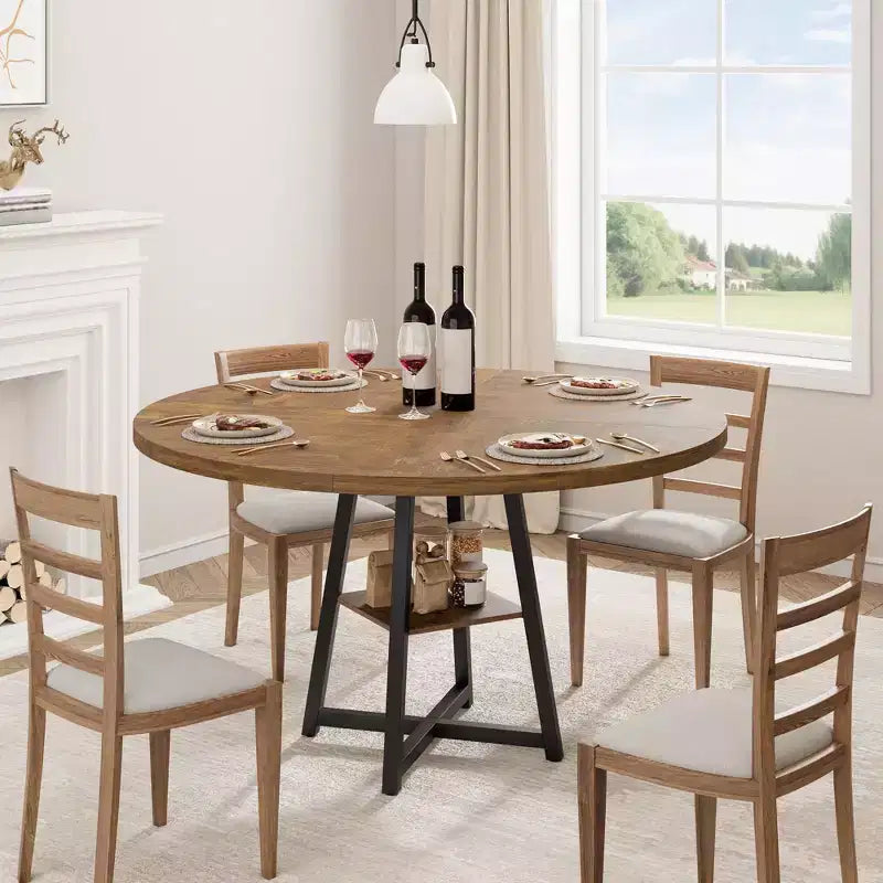 47 in Round Dining Table, Wooden Kitchen Table for 4, Farmhouse Dinner Table with Wooden Top and Legs for Dining Room or Living Room (Only Table)