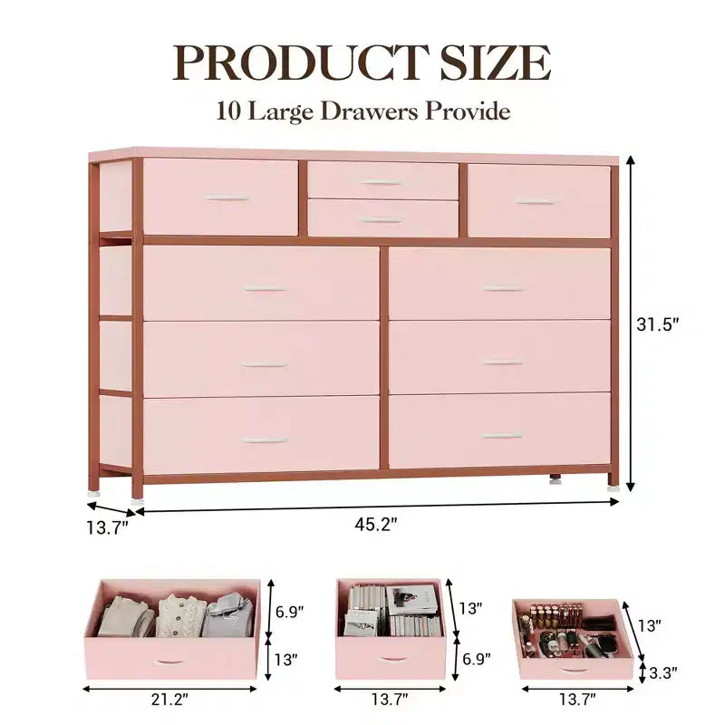 10-Drawer Media Console & Dresser - Steel Frame, Wood Top Fabric Storage for Bedroom, Nursery, Living Room