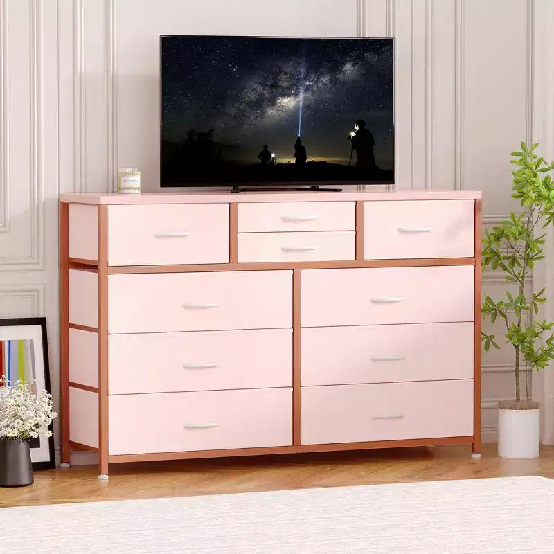 10-Drawer Media Console & Dresser - Steel Frame, Wood Top Fabric Storage for Bedroom, Nursery, Living Room