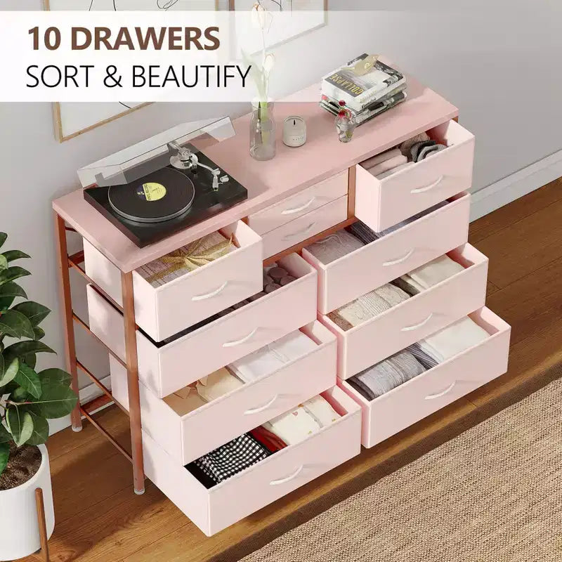 10-Drawer Media Console & Dresser - Steel Frame, Wood Top Fabric Storage for Bedroom, Nursery, Living Room
