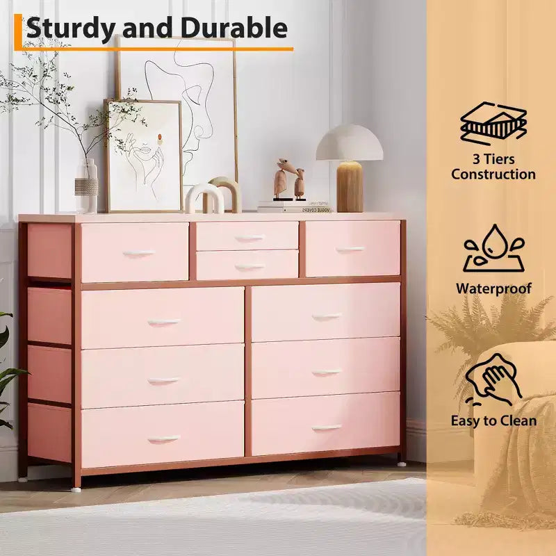 10-Drawer Media Console & Dresser - Steel Frame, Wood Top Fabric Storage for Bedroom, Nursery, Living Room