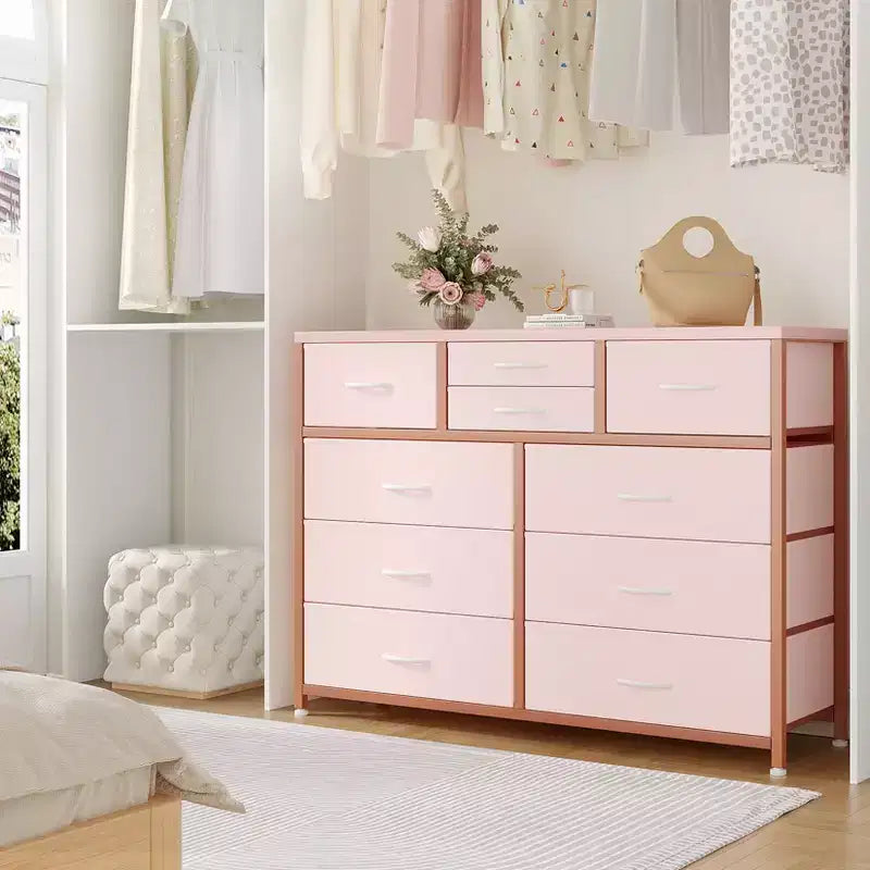 10-Drawer Media Console & Dresser - Steel Frame, Wood Top Fabric Storage for Bedroom, Nursery, Living Room