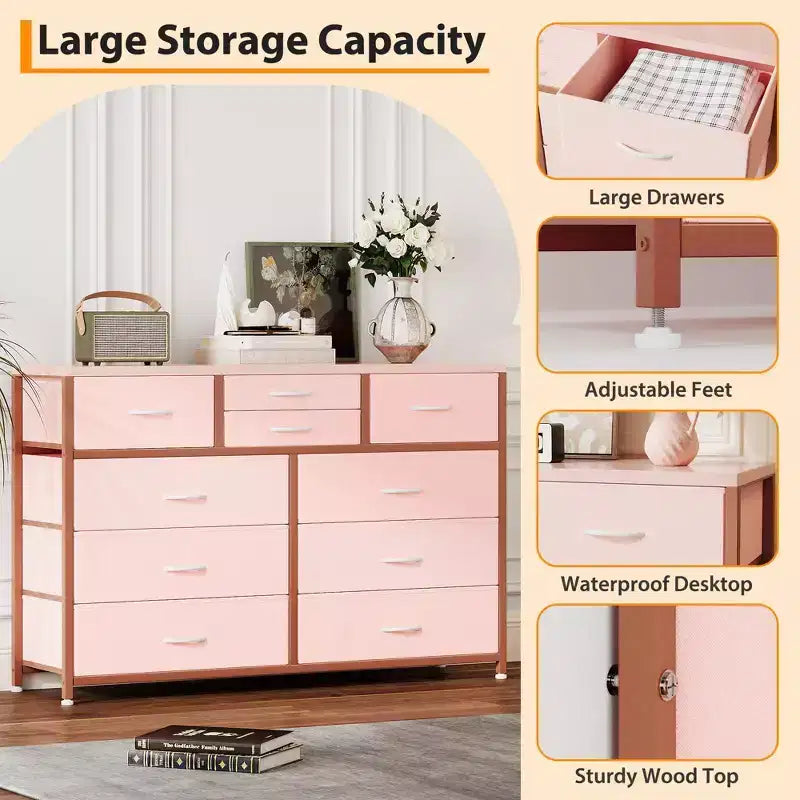 10-Drawer Media Console & Dresser - Steel Frame, Wood Top Fabric Storage for Bedroom, Nursery, Living Room